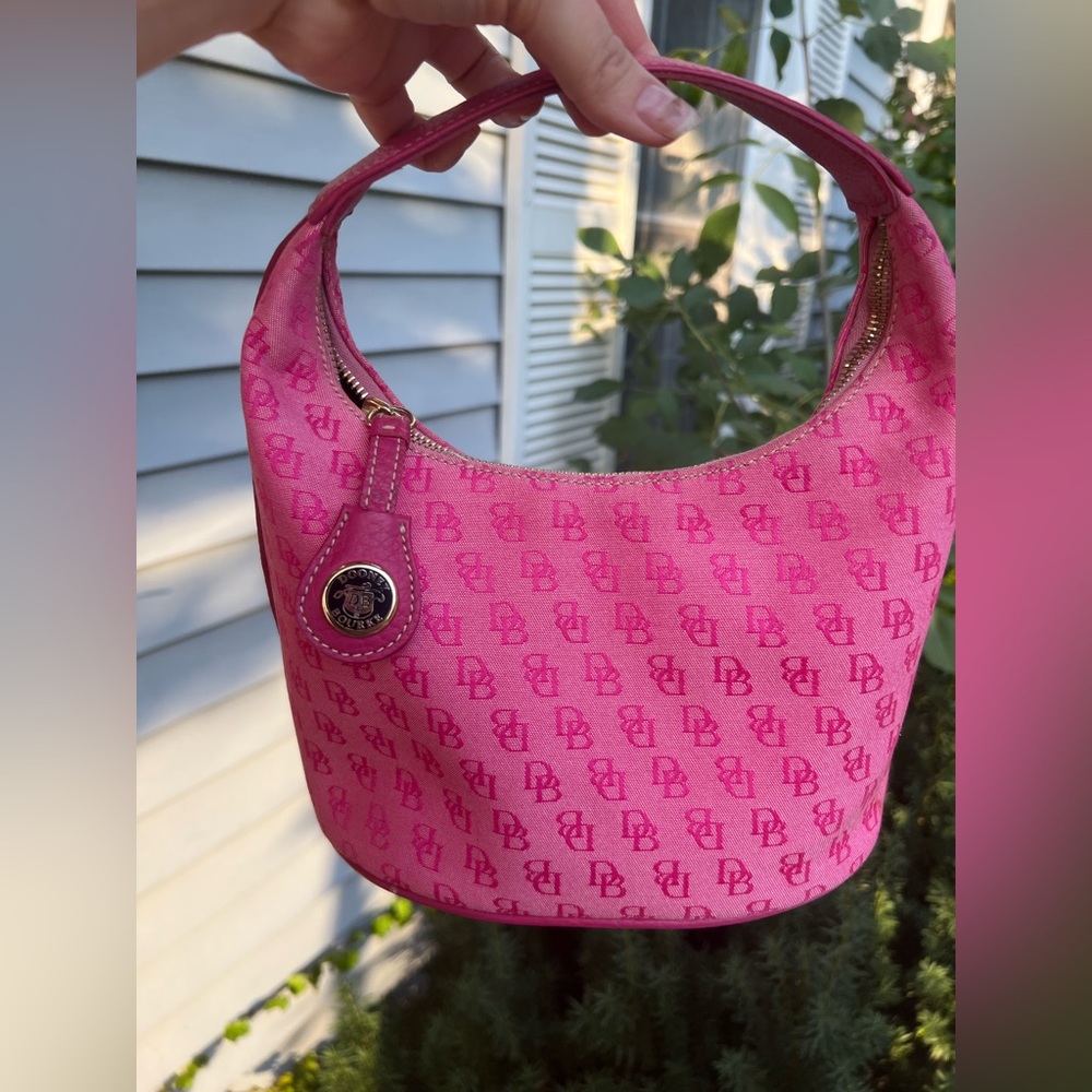 Pink Dooney And Bourke Vintage Monogram Mini Bucket Shoulder Bag